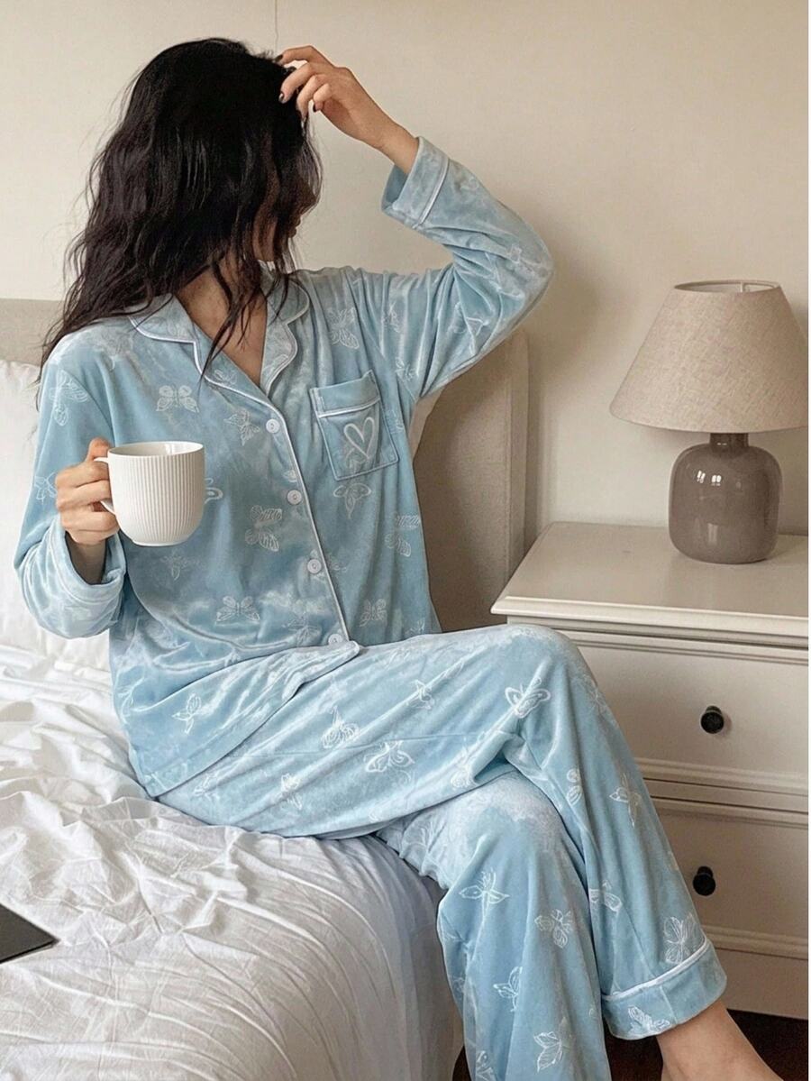Teen Girls Fashion Cute Butterfly Print Embossed Comfortable Mink Fleece Long Sleeve Pants Loungewear Set - Green - View 1