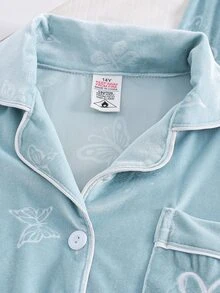 Teen Girls Fashion Cute Butterfly Print Embossed Comfortable Mink Fleece Long Sleeve Pants Loungewear Set - Green - View 10