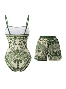 SHEIN Swim Plus Size Women Floral Print Camisole One-Piece Swimsuit And Shorts, Suitable For Beach Vacation, Pool Party, Beach Party - Multicolor - View 2