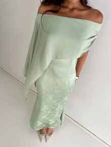 Aloruh 綠色提花緞面派對舞會秋冬新款修身披肩式不對稱抓褶女款超長洋裝，節慶適用 - 薄荷綠 - 查看 7