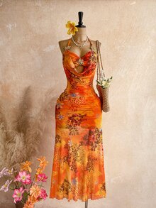Soleia 女款花卉印花金屬裝飾掛脖繫帶性感熱帶度假約會派對洋裝 橘色夏季 - 彩色 - 查看 1
