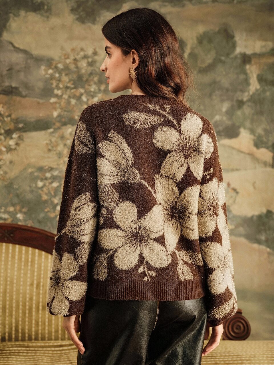 Anewsta Stylish Women's Brown And Beige Floral Pattern Knit Sweater With Sparkle Accents