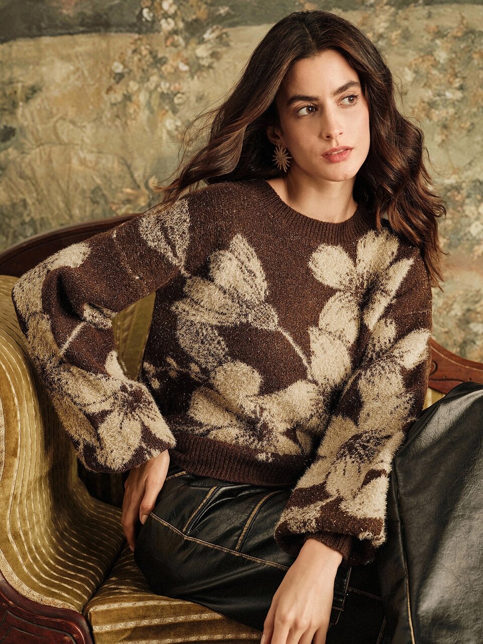 Anewsta Stylish Women's Brown And Beige Floral Pattern Knit Sweater With Sparkle Accents