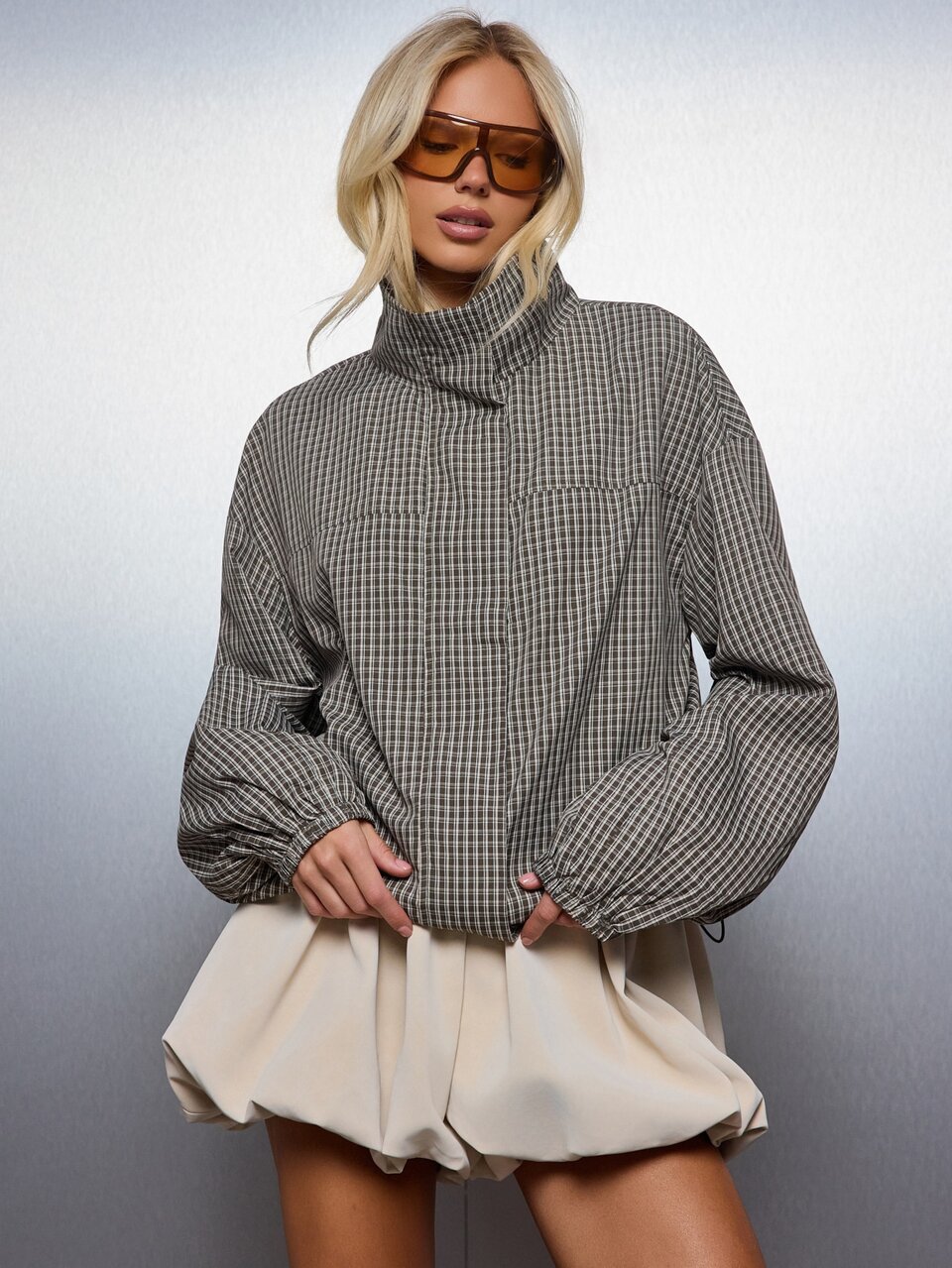 MISSGUIDED Oversized Checked Plaid Jacket With High Funnel Neck Long Balloon Sleeves Elasticated Cuffs Chest Pocket Autumn Winter Casual Outerwear