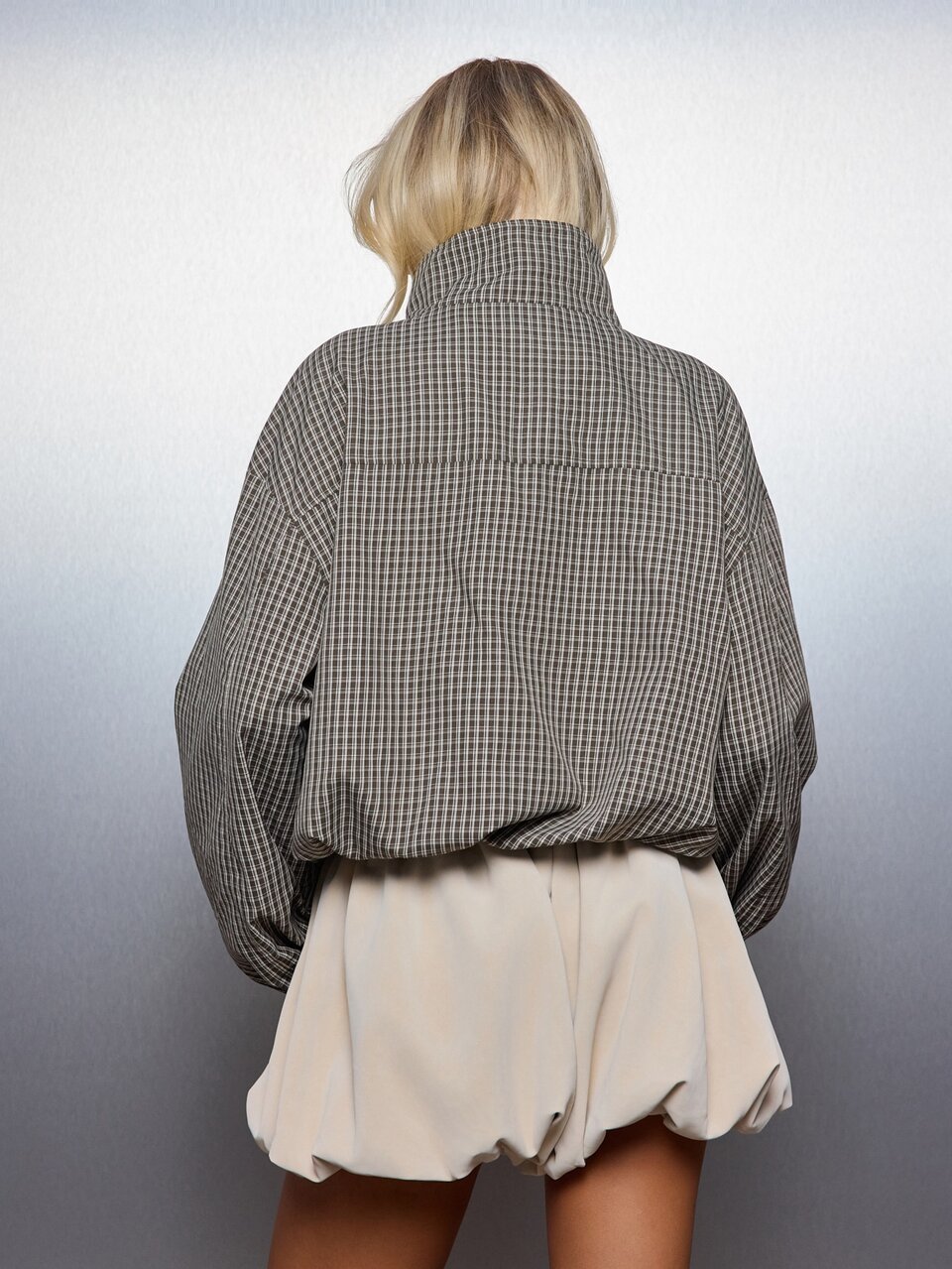 MISSGUIDED Oversized Checked Plaid Jacket With High Funnel Neck Long Balloon Sleeves Elasticated Cuffs Chest Pocket Autumn Winter Casual Outerwear