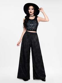 ROMWE Women's Gothic Dark Punk Rose Flower Palace Elegant Loose Wide Leg Pants - Black - View 2