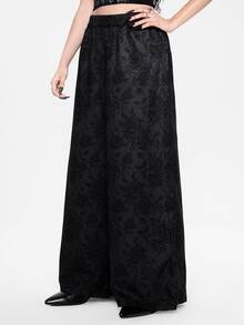 ROMWE Women's Gothic Dark Punk Rose Flower Palace Elegant Loose Wide Leg Pants - Black - View 6