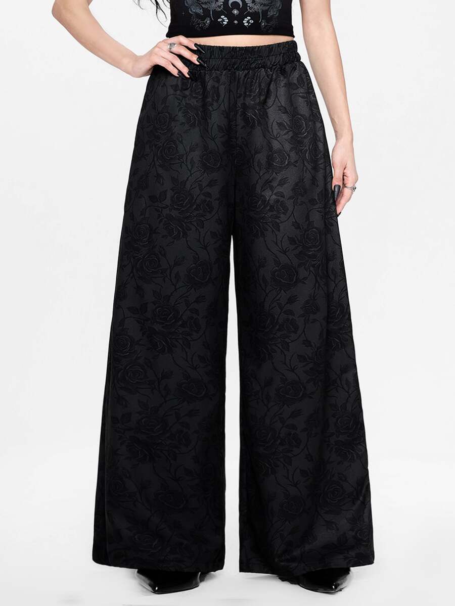 ROMWE Women's Gothic Dark Punk Rose Flower Palace Elegant Loose Wide Leg Pants - Black - View 1