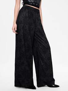 ROMWE Women's Gothic Dark Punk Rose Flower Palace Elegant Loose Wide Leg Pants - Black - View 5