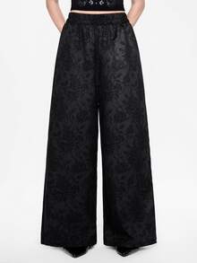 ROMWE Women's Gothic Dark Punk Rose Flower Palace Elegant Loose Wide Leg Pants - Black - View 3