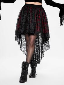 ROMWE Floral Lace High Low Hem Skirt, School - Black - View 1