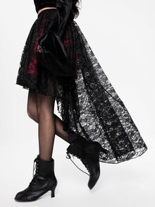 ROMWE Floral Lace High Low Hem Skirt, School - Black - View 2