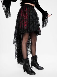 ROMWE Floral Lace High Low Hem Skirt, School - Black - View 7