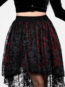 ROMWE Floral Lace High Low Hem Skirt, School - Black - View 9