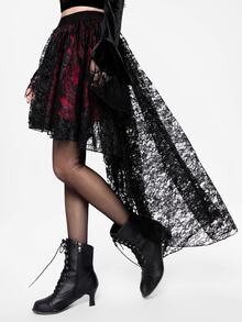 ROMWE Floral Lace High Low Hem Skirt, School - Black - View 8