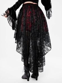 ROMWE Floral Lace High Low Hem Skirt, School - Black - View 6