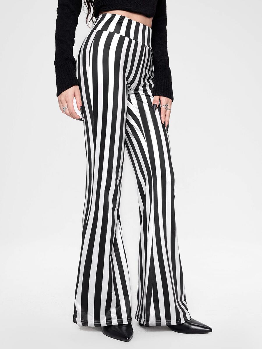 ROMWE Striped Print Flare Leg Pants - Black and White - View 1