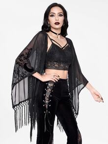 ROMWE Women Summer Gothic Boho Beach Vintage Baroque Vine Moon Color Contrast Flocked Pattern Lace Trim & Fringe Hem Sheer Black Shawl Tops - Black - View 2