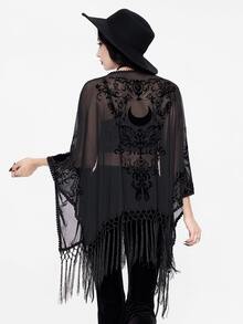 ROMWE Women Summer Gothic Boho Beach Vintage Baroque Vine Moon Color Contrast Flocked Pattern Lace Trim & Fringe Hem Sheer Black Shawl Tops - Black - View 1