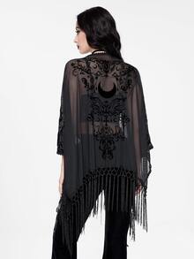 ROMWE Women Summer Gothic Boho Beach Vintage Baroque Vine Moon Color Contrast Flocked Pattern Lace Trim & Fringe Hem Sheer Black Shawl Tops - Black - View 8