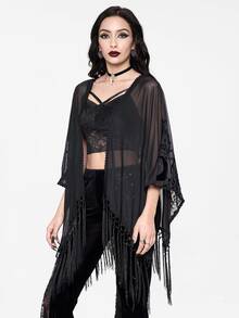 ROMWE Women Summer Gothic Boho Beach Vintage Baroque Vine Moon Color Contrast Flocked Pattern Lace Trim & Fringe Hem Sheer Black Shawl Tops - Black - View 6