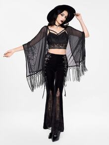 ROMWE Women Summer Gothic Boho Beach Vintage Baroque Vine Moon Color Contrast Flocked Pattern Lace Trim & Fringe Hem Sheer Black Shawl Tops - Black - View 3