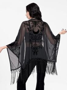 ROMWE Women Summer Gothic Boho Beach Vintage Baroque Vine Moon Color Contrast Flocked Pattern Lace Trim & Fringe Hem Sheer Black Shawl Tops - Black - View 4