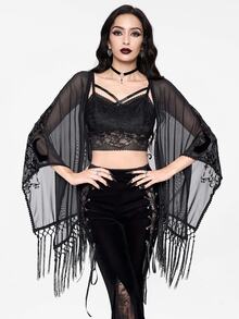 ROMWE Women Summer Gothic Boho Beach Vintage Baroque Vine Moon Color Contrast Flocked Pattern Lace Trim & Fringe Hem Sheer Black Shawl Tops - Black - View 5