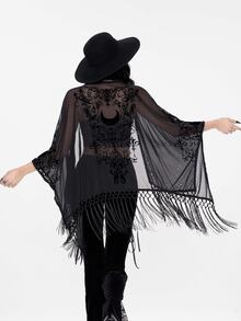 ROMWE Women Summer Gothic Boho Beach Vintage Baroque Vine Moon Color Contrast Flocked Pattern Lace Trim & Fringe Hem Sheer Black Shawl Tops - Black - View 7