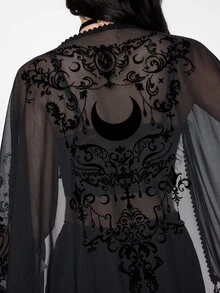 ROMWE Women Summer Gothic Boho Beach Vintage Baroque Vine Moon Color Contrast Flocked Pattern Lace Trim & Fringe Hem Sheer Black Shawl Tops - Black - View 9