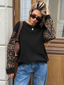 SHEIN LUNE 女款休閒街頭風秋冬拼接豹紋長袖衛衣，日常穿搭黑白豹紋美式校園風 - 彩色 - 查看 7