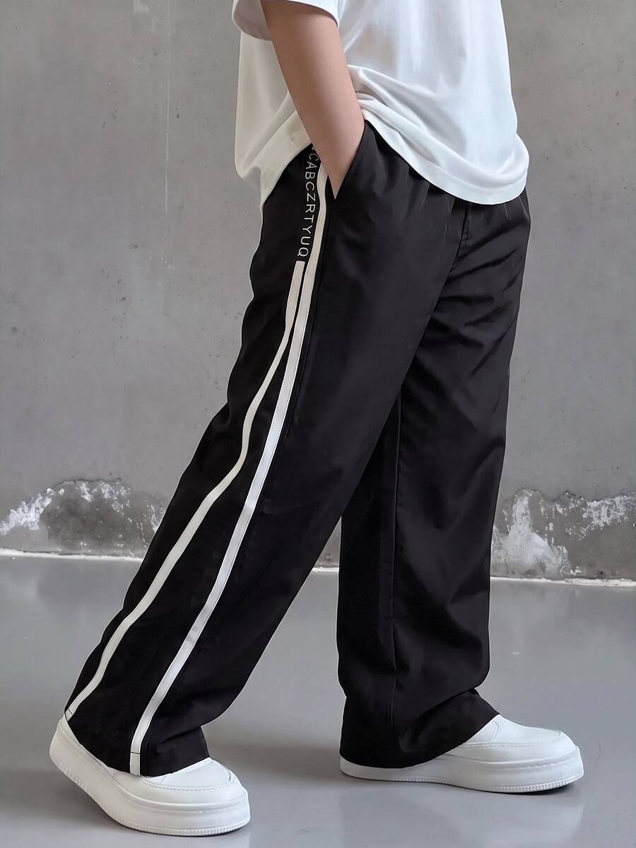 SHEIN 兒童青少年男孩休閒日常舒適工裝直筒寬鬆長褲,黑色工裝褲,新年,六七歲,適合外出、約會、上學,春夏秋冬四季皆宜 - 彩色 - 查看 1