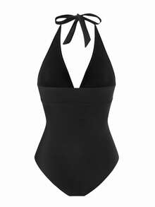 Swim Oasis Plus Size 1-Piece Swimsuit With Metal Accessory, Simple Solid Color Cover Up Skirt, Summer Women Casual Beach Resort Wear - Black - View 5