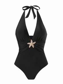 Swim Oasis Plus Size 1-Piece Swimsuit With Metal Accessory, Simple Solid Color Cover Up Skirt, Summer Women Casual Beach Resort Wear - Black - View 6
