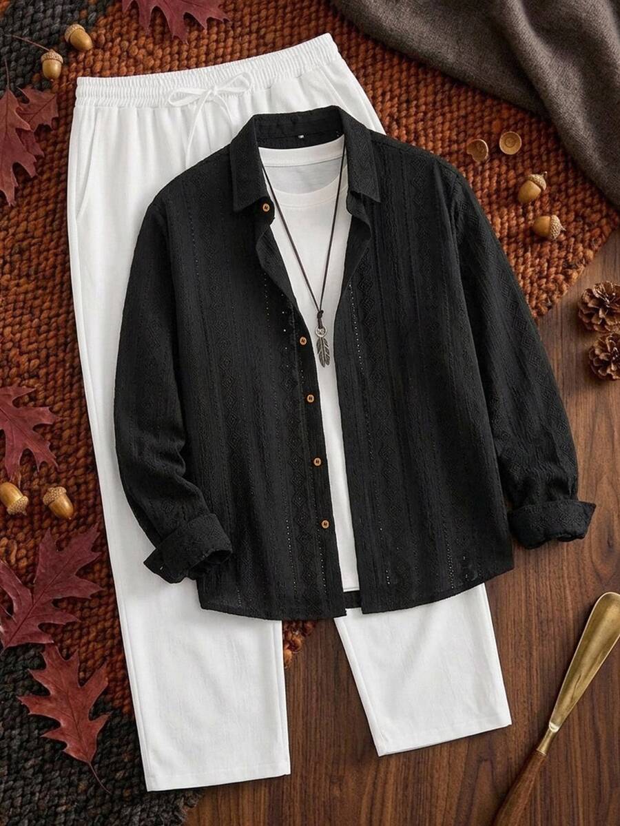 HIMLAND Men's Solid Color Long Sleeve Front Button Casual Textured Fabric Shirt Set - Black - View 1