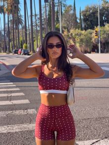Slayform Slayform Burgundy Polka Dot High Waist Two Pieces Swimsuit Square Neck Tank Bikini Shorts - Burgundy - View 4