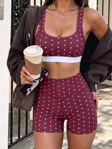 Slayform Slayform Burgundy Polka Dot High Waist Two Pieces Swimsuit Square Neck Tank Bikini Shorts - Burgundy - View 3