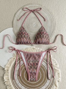 SHEIN Swim 2件組女款彩色葉脈印花針織布料銀色貝殼抽繩掛脖比基尼泳衣，休閒度假風，適合夏季 - 粉色 - 查看 3