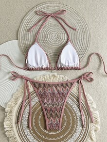 SHEIN Swim 2件組女款彩色葉脈印花針織布料銀色貝殼抽繩掛脖比基尼泳衣，休閒度假風，適合夏季 - 粉色 - 查看 4