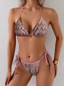 SHEIN Swim 2件組女款彩色葉脈印花針織布料銀色貝殼抽繩掛脖比基尼泳衣，休閒度假風，適合夏季 - 粉色 - 查看 1