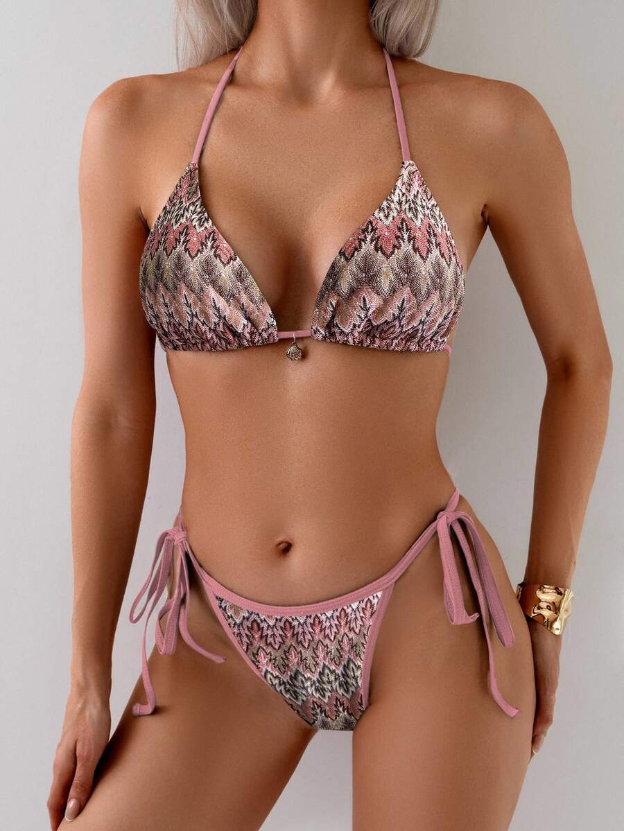 SHEIN Swim 2件組女款彩色葉脈印花針織布料銀色貝殼抽繩掛脖比基尼泳衣,休閒度假風,適合夏季 - 粉色 - 查看 1