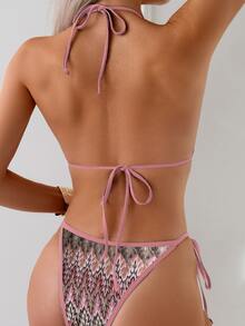 SHEIN Swim 2件組女款彩色葉脈印花針織布料銀色貝殼抽繩掛脖比基尼泳衣，休閒度假風，適合夏季 - 粉色 - 查看 2