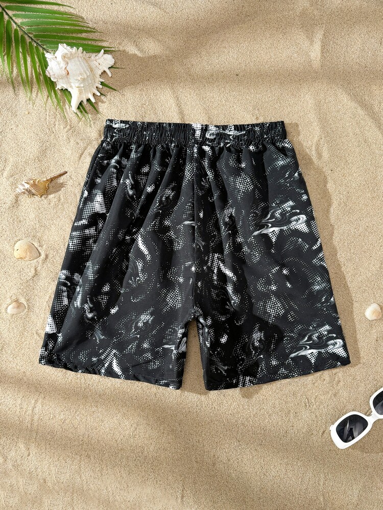 SHEIN Teen Boy All-Over Print Waist Tie Casual Swim Trunks Boys Black Trunk Shorts Beach Men's Swimwear For Teen Boy, Summer Vacation, Pool Party - Black - View 2
