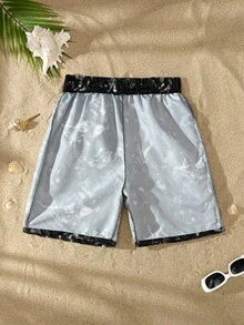 SHEIN 青少年男孩全印花腰繩休閒泳褲 男童黑色泳褲短褲 沙灘男士泳裝 適合青少年男孩、夏季度假、泳池派對 - 黑色 - 查看 6
