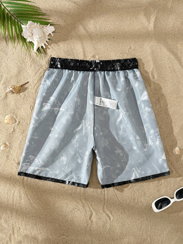 SHEIN Teen Boy All-Over Print Waist Tie Casual Swim Trunks Boys Black Trunk Shorts Beach Men's Swimwear For Teen Boy, Summer Vacation, Pool Party - Black - View 4