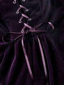 ROMWE Gaun Mini Model A-Line Lengan Kelopak dengan Hiasan Renda Kontras Beludru Ungu Gaya Hippie Vintage untuk Wanita - Purple - View 4