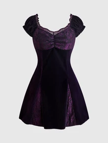 ROMWE Gaun Mini Model A-Line Lengan Kelopak dengan Hiasan Renda Kontras Beludru Ungu Gaya Hippie Vintage untuk Wanita - Purple - View 1