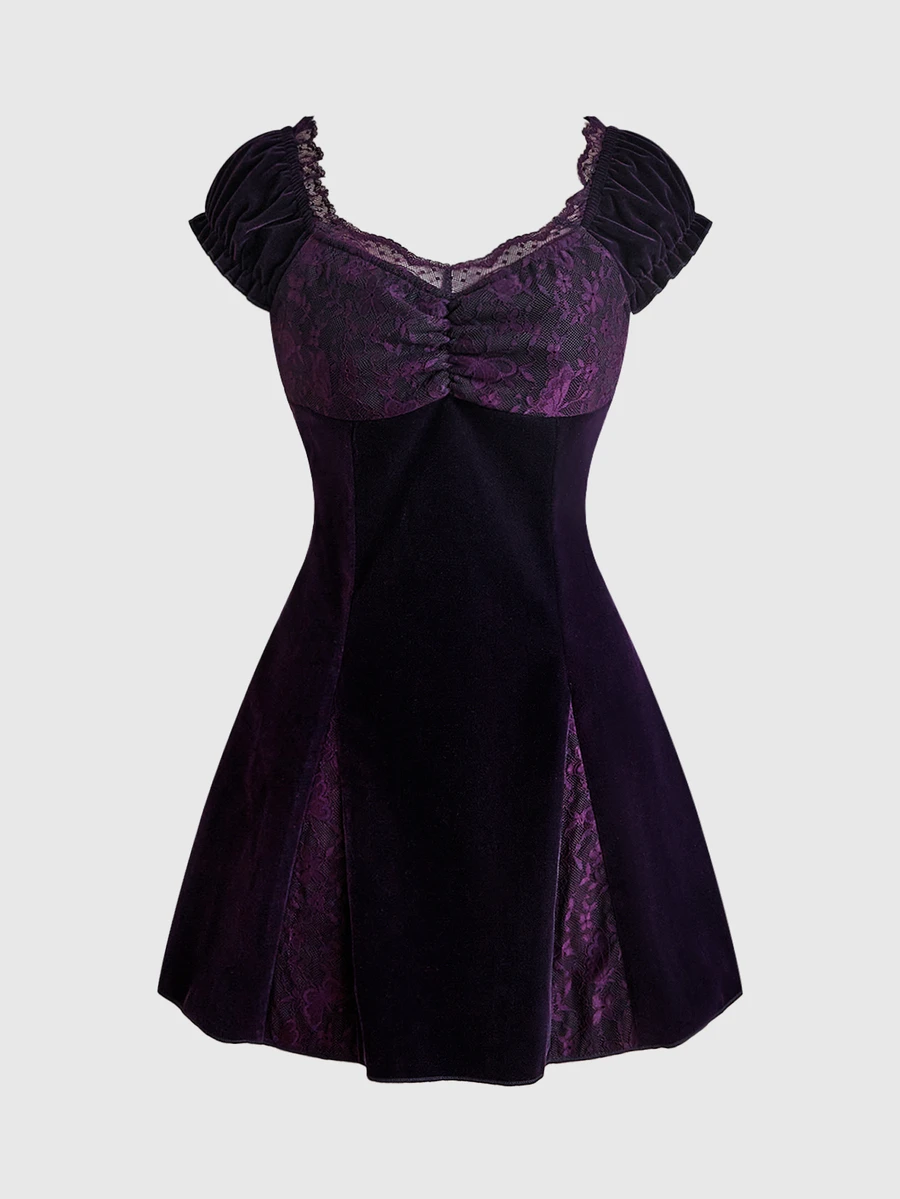 ROMWE Gaun Mini Model A-Line Lengan Kelopak dengan Hiasan Renda Kontras Beludru Ungu Gaya Hippie Vintage untuk Wanita - Purple - View 1