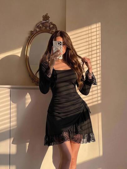 SHEIN MOD Đầm nữ ren phối mảnh xếp ly phong cách Pháp gợi cảm, trang phục mùa thu thanh lịch cho Giáng Sinh và Năm Mới, màu đen, phong cách cao bồi miền Tây cho Halloween, đi chơi đêm và hẹn hò