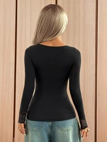 SHEIN EZwear Women's Mesh Patchwork Slim Fit Versatile Daily Wear Night Out Date Date Night Holiday Long Sleeve T-Shirt Black Fall Sexy Elegant - Black - View 2
